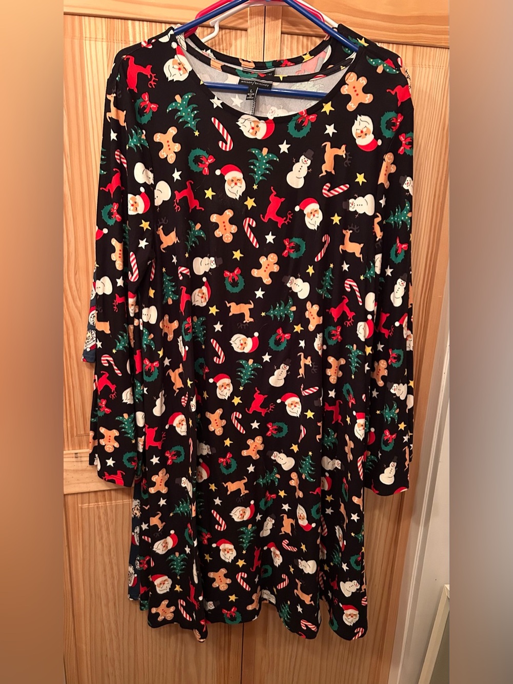 Allison Brittney Black Holiday Print womens Dress with Red, Green, White Accents